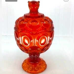 LE Smith Moon and Stars Amberina candy fish lidded compote red covered footed